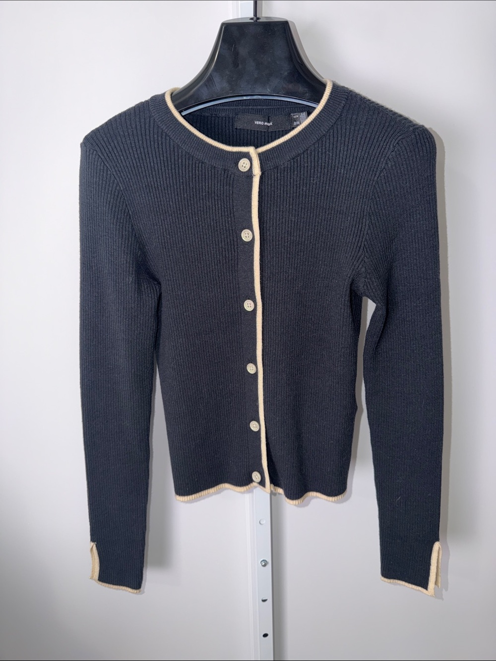 Vero Moda Black Ribbed Cardigan with Cream Trim